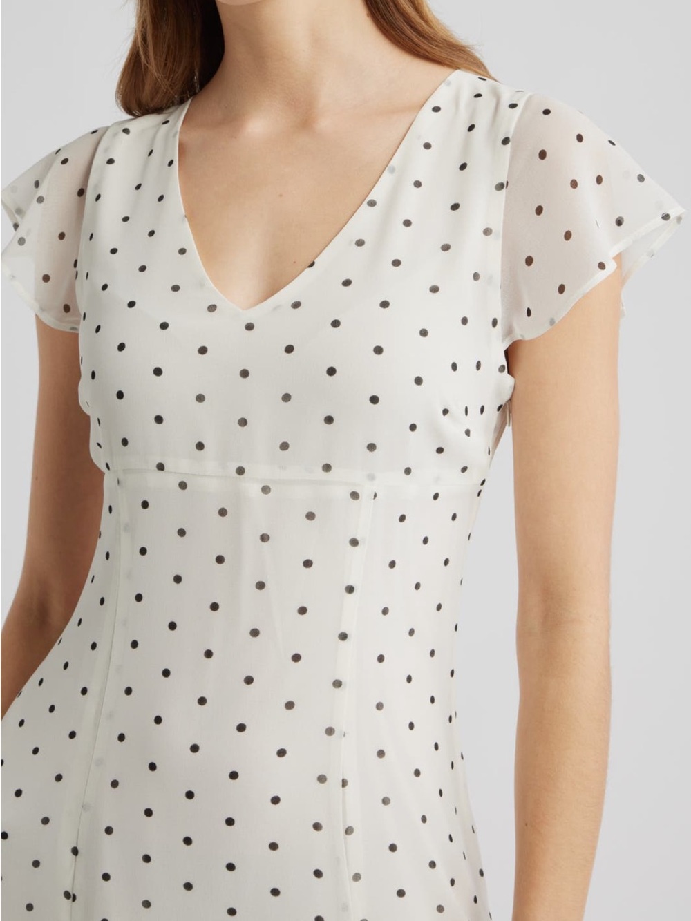Polka Dot V-Neck Midi Dress in Ivory and Black Godet Pleat - Picture 4 of 5